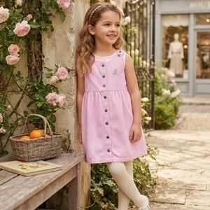 OshKosh B'Gosh Girls Pink Gingham Pinafore Dress Size 6 Floral Embroidery